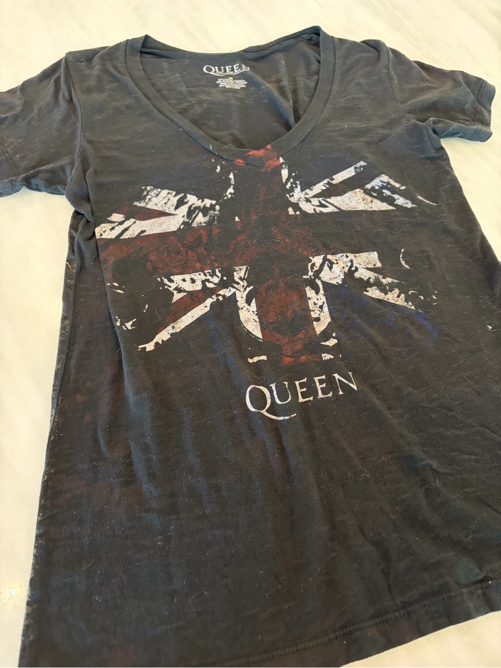 Queen 2009 Union Jack Burnout V Neck Band Tee Women M Y2K Rock T Shirt